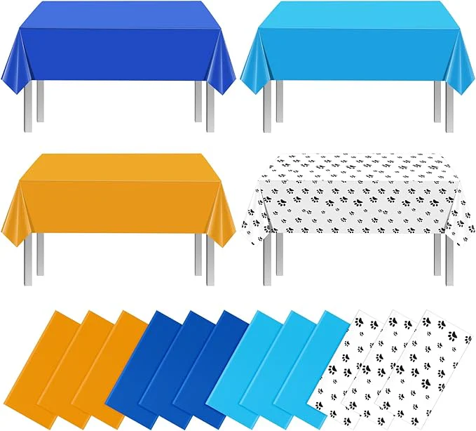 MASHAN 12 Pack Paw Print Plastic Tablecloths,Blue Orange Puppy Table Cloth Disposable Rectangle Table Covers for Kids Birthday Party, Dog Puppy Birthday Party Decorations and Supplies, 108 * 54inch